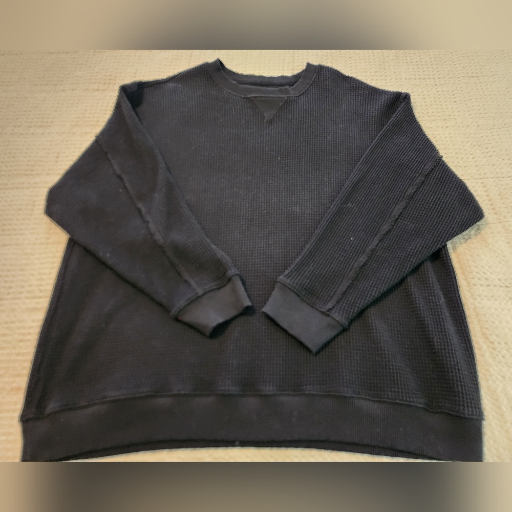Aerie Women's Black Waffle-Knit Cotton Crewneck Sweater XL Minimalist